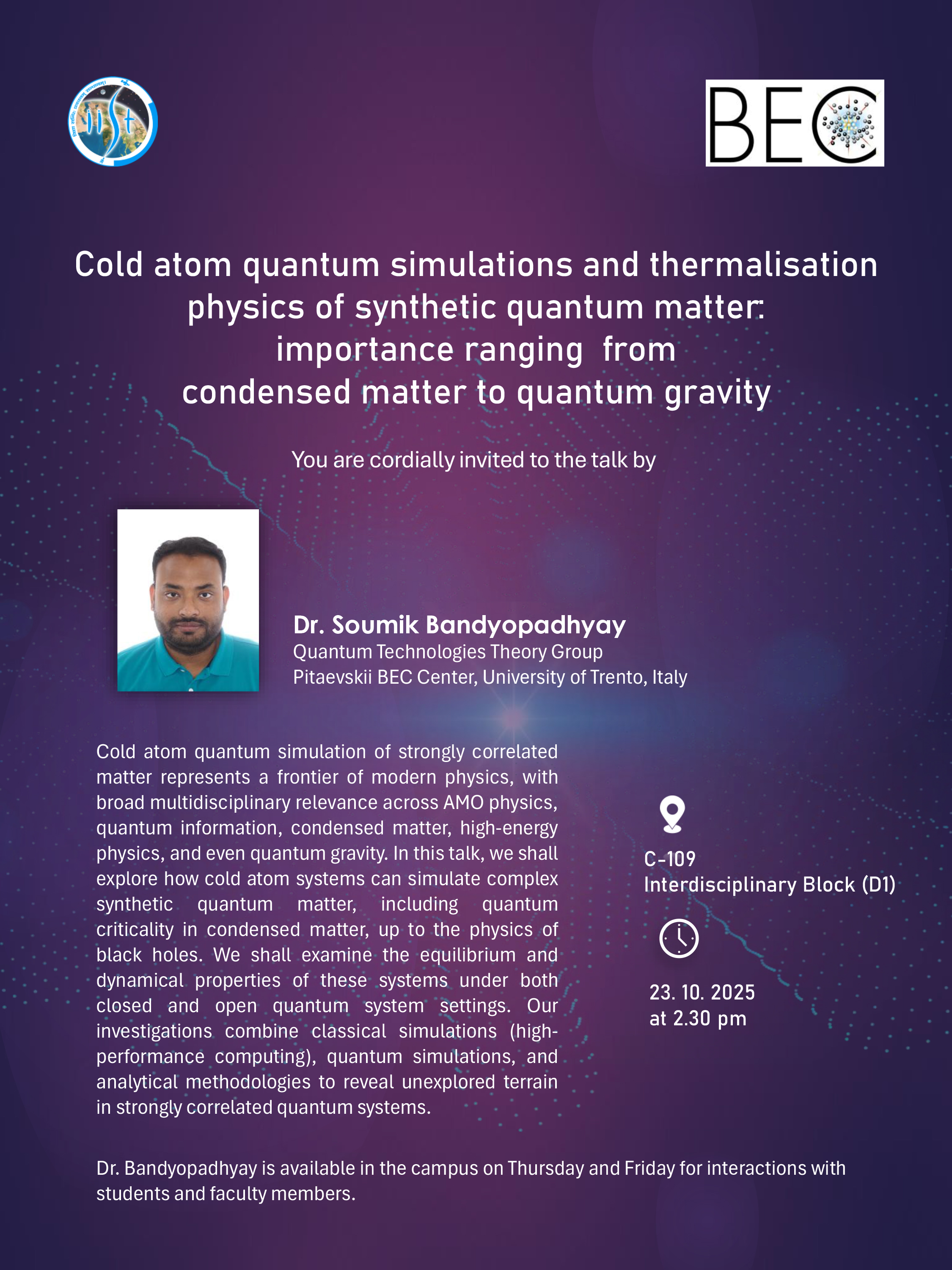Talk on Cold atom quantum simulations and thermalisation physics of synthetic quantum matter