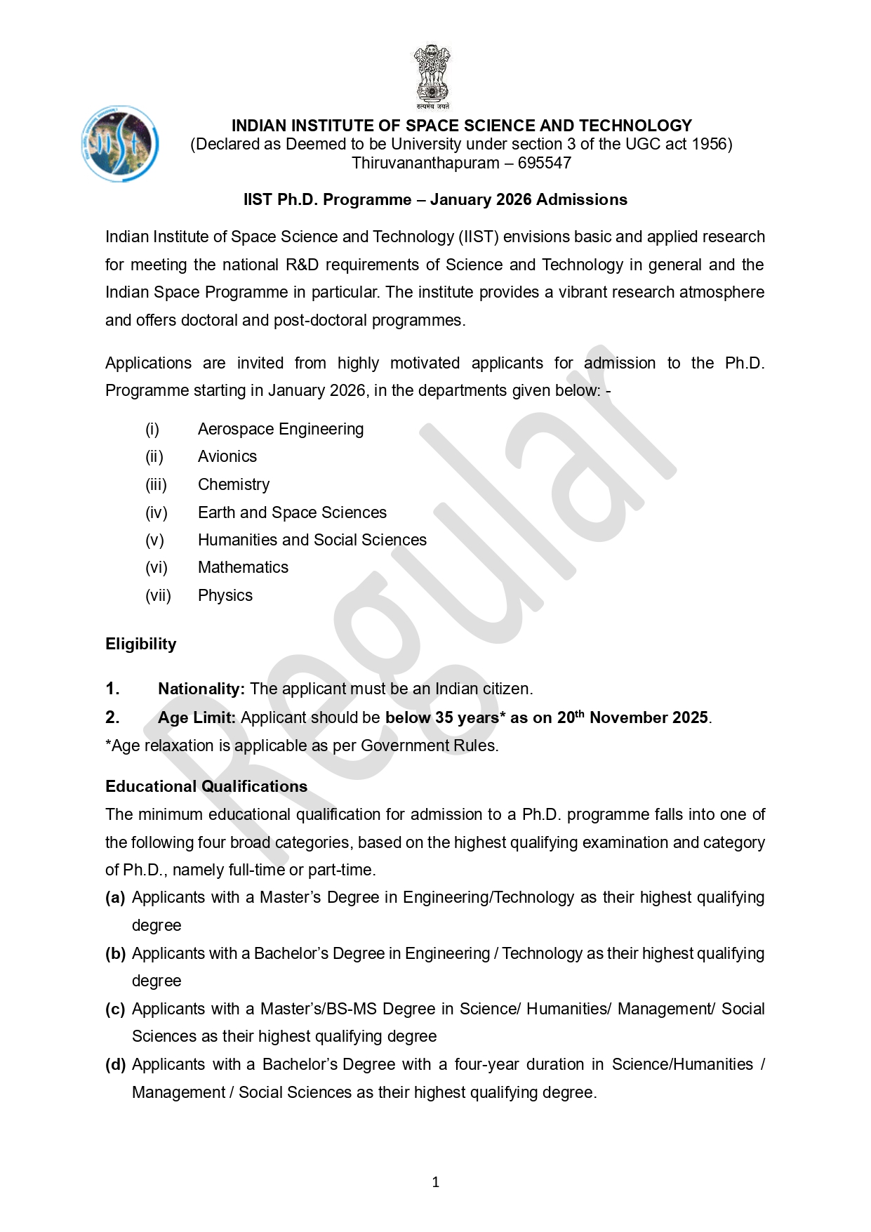 IIST Phd Notification 2026