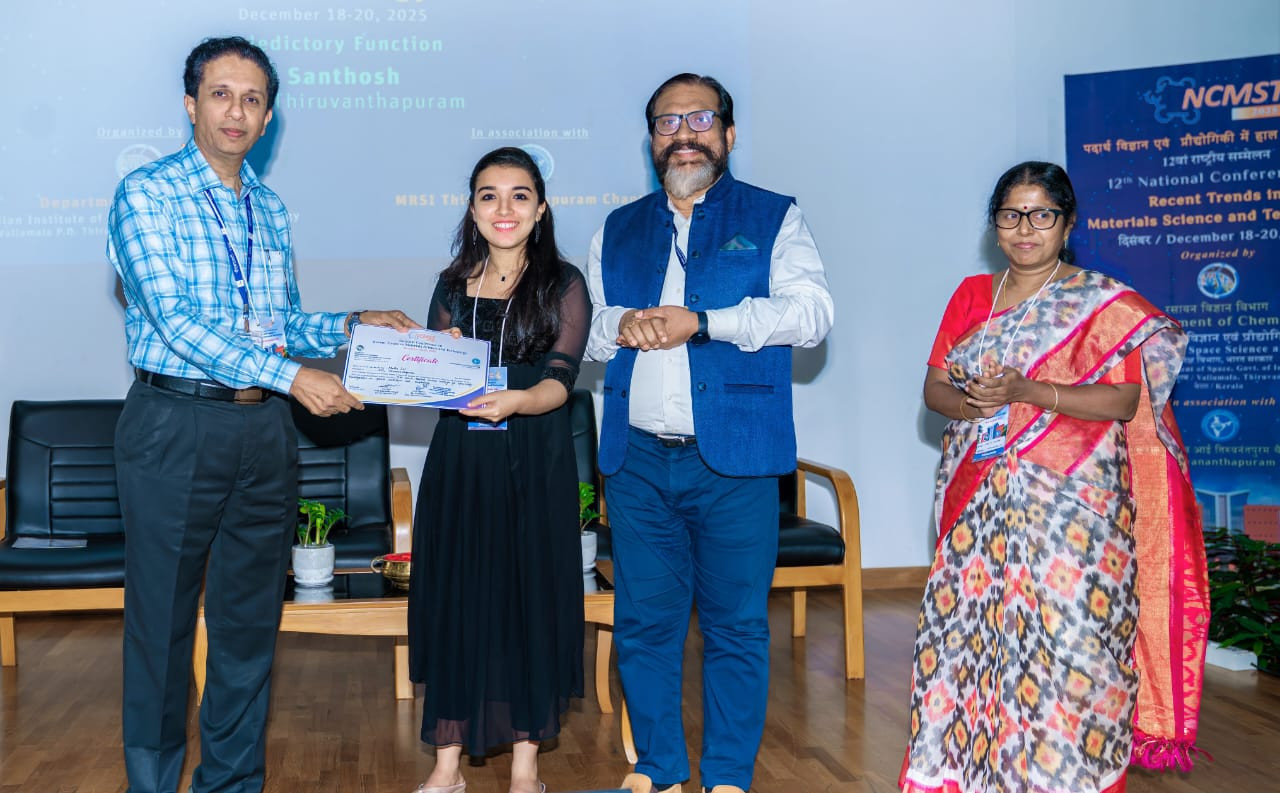 National Conference on Recent Trends in Materials Science and Technology organized by Department of Chemistry, IIST in association with MRSI, Trivandrum Chapter during 18-20, December, 2025- Best Paper Award