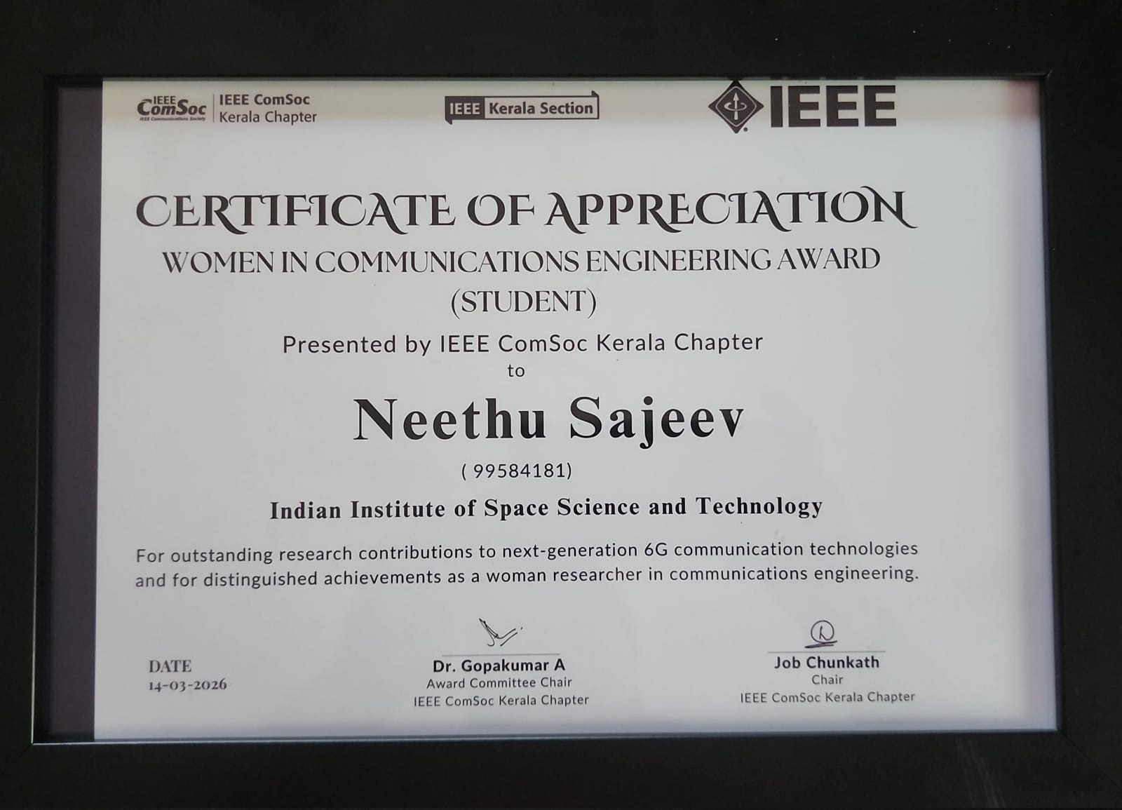 IEEE ComSoc Kerala chapter Women in Communication Engineering (Student) Award 2025
