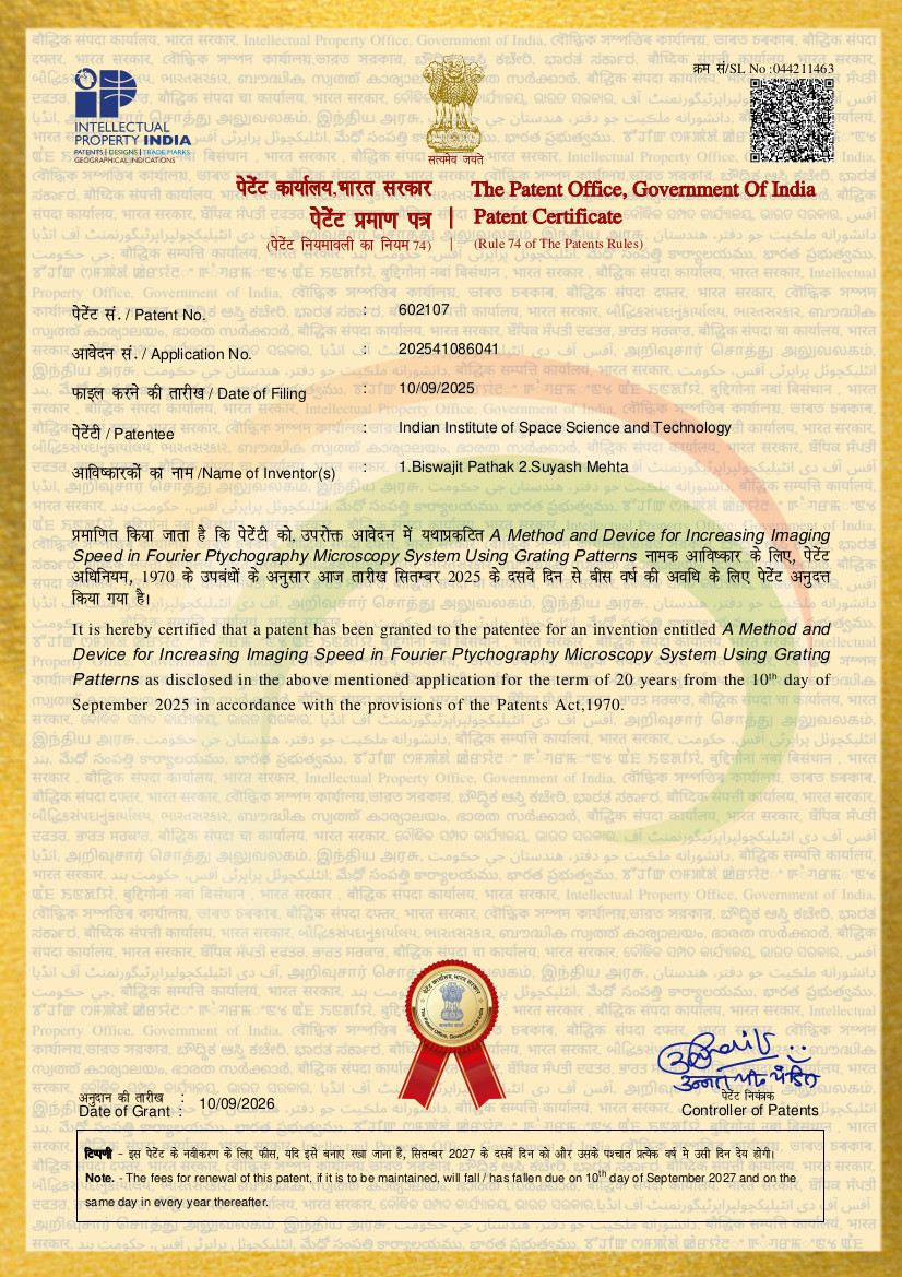 Indian Patent Granted to Dr. Biswajit Pathak and his Student, Mr. Suyash Mehta, for the Invention of a High-Speed Programmable Fourier Ptychography Microscopy System.