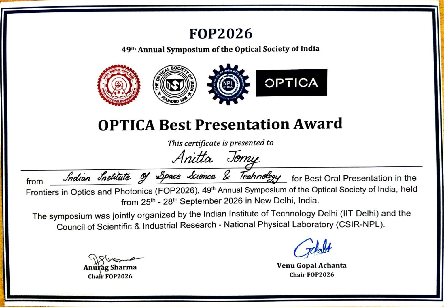A Novel Image Quality Metric Parameter for Holographic Modal Wavefront Sensing – OPTICA Best Oral Presentation Award